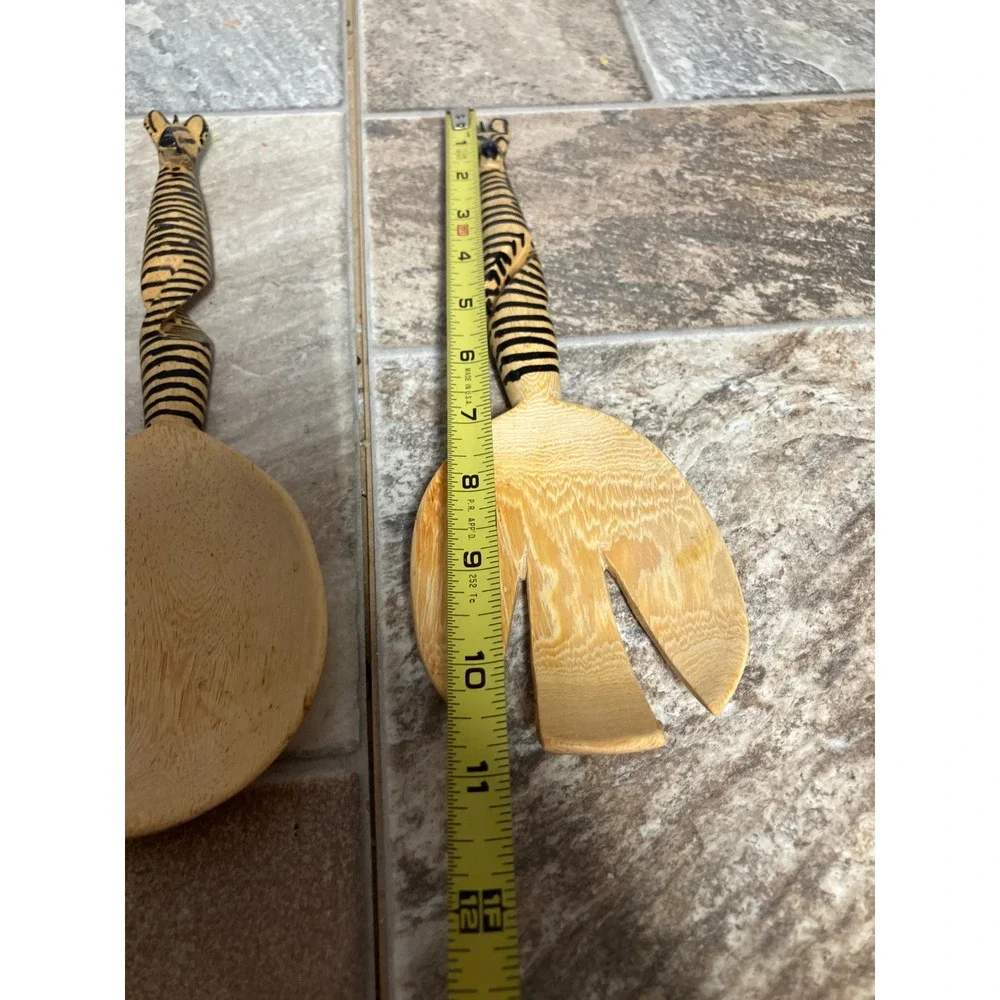 Hand Carved Wooden Zebra Salad Servers Spiral Handle Safari Decor 2pc Set 11.5in